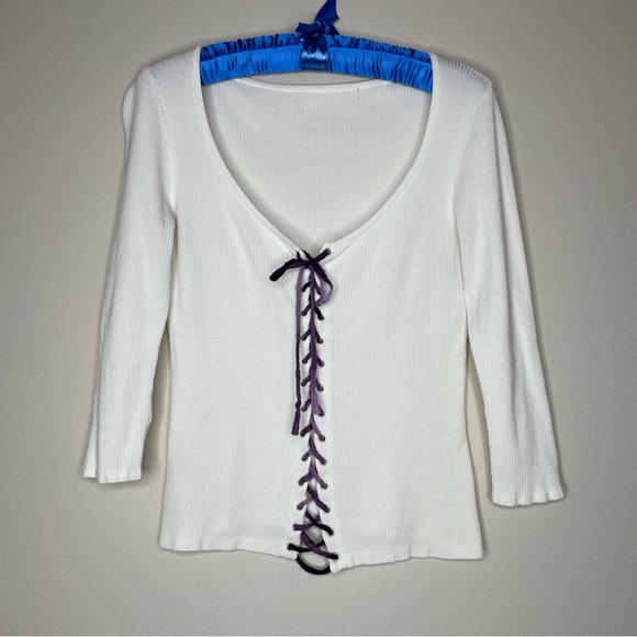 Vintage Cream Long Sleeve Ribbed Knit Top with Purple Lace-up Front Closure - Picture 3 of 5